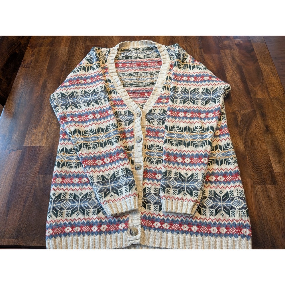 Hand-knit Fair Isle Cardigan Sweater Womens Size L Nordic Snowflake